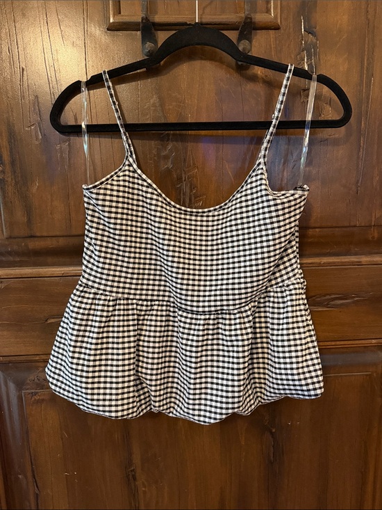 Tops - Gingham Peplum Cami Top - Black/White